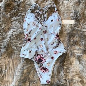 NWT beautiful blue floral plunge one piece swimsuit bodysuit